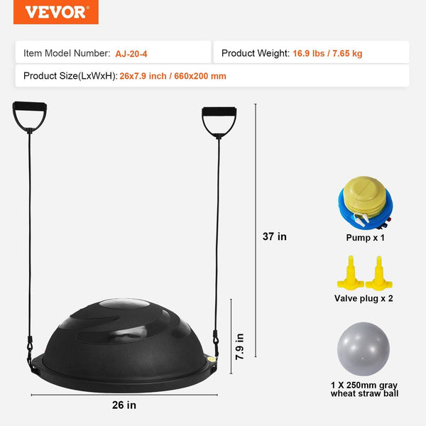 Half Exercise Ball Trainer 26 Inch Balance 1500Lbs Capacity Stability Yoga With Resistance Bands & Foot Pump Strength Fitness For Home Gym Full Body W