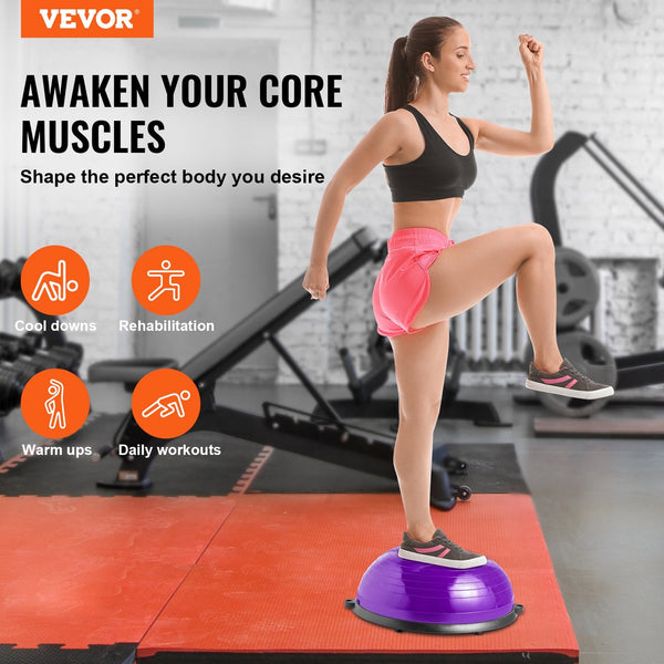 Half Exercise Ball Trainer 23 Inch Balance 660Lbs Stability Yoga With Resistance Bands & Foot Pump Strength Fitness For Home Gym Full Body Workout Pur