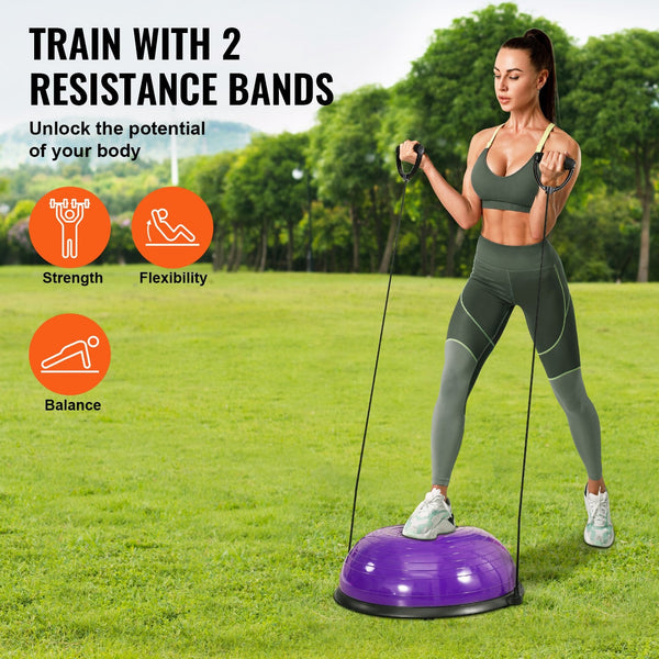 Half Exercise Ball Trainer 23 Inch Balance 660Lbs Stability Yoga With Resistance Bands & Foot Pump Strength Fitness For Home Gym Full Body Workout Pur