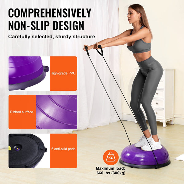 Half Exercise Ball Trainer 23 Inch Balance 660Lbs Stability Yoga With Resistance Bands & Foot Pump Strength Fitness For Home Gym Full Body Workout Pur