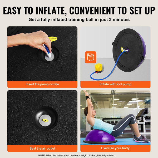 Half Exercise Ball Trainer 23 Inch Balance 660Lbs Stability Yoga With Resistance Bands & Foot Pump Strength Fitness For Home Gym Full Body Workout Pur