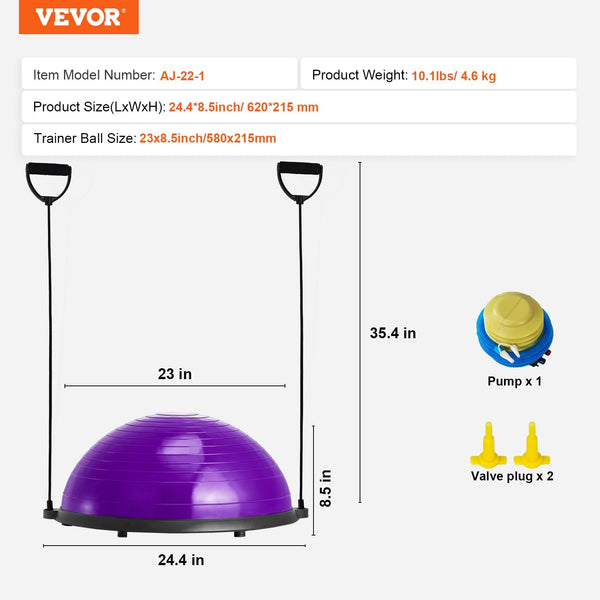 Half Exercise Ball Trainer 23 Inch Balance 660Lbs Stability Yoga With Resistance Bands & Foot Pump Strength Fitness For Home Gym Full Body Workout Pur