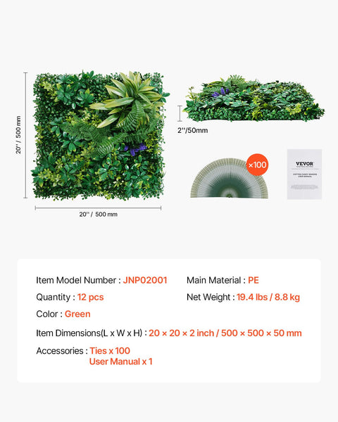 Vevor Artificial Grass Wall Panels 12 Pcs 20X20 Inch Boxwood Privacy Garden Artificial Plant Panels