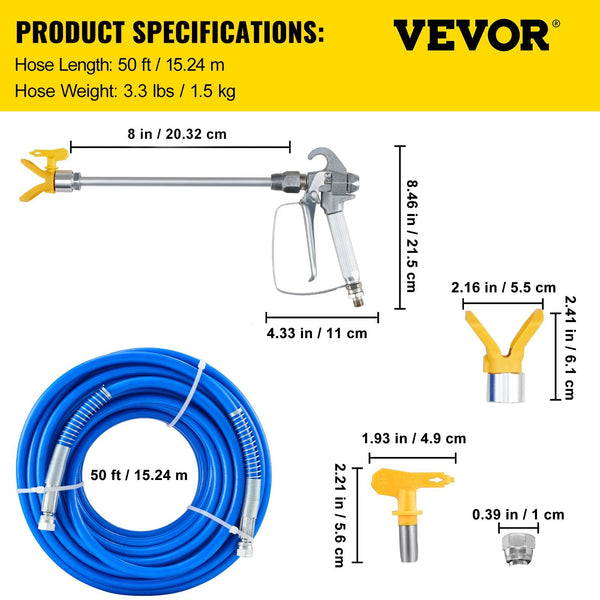 Vevor Airless Paint Spray Hose Kit 50Ft 1/4In Swivel Joint 3600Psi With 517 Tip Paint Sprayers