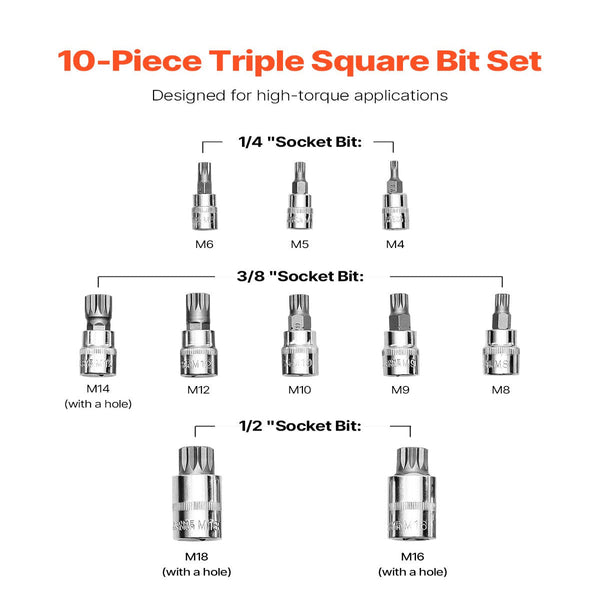 Xzn Triple Square Spline Bit Socket Set 10 Piece M4 M18 Cr V Steel Storage Case Sockets & Socket Sets