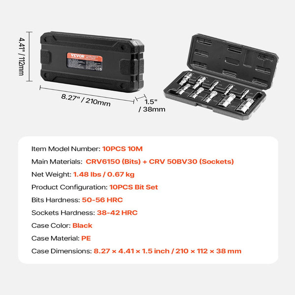 Xzn Triple Square Spline Bit Socket Set 10 Piece M4 M18 Cr V Steel Storage Case Sockets & Socket Sets