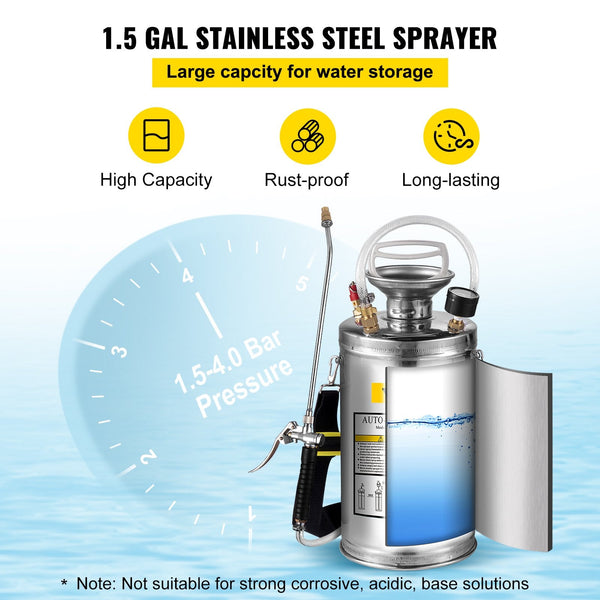 1.5Gal Stainless Steel Sprayer Set With 16" Wand And Handle 3.3Ft Reinforced Hose Pump Pressure Gauge Safety Valve Adjustable Nozzle Suitable For Gard
