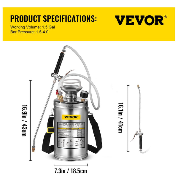 1.5Gal Stainless Steel Sprayer Set With 16" Wand And Handle 3.3Ft Reinforced Hose Pump Pressure Gauge Safety Valve Adjustable Nozzle Suitable For Gard