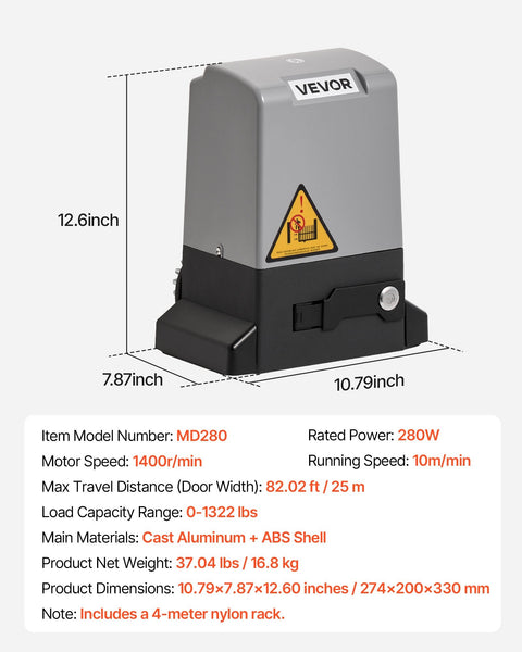 Vevor 280W Electric Sliding Gate Opener 816Kg Chain Drive Infrared Sensor Gate Openers