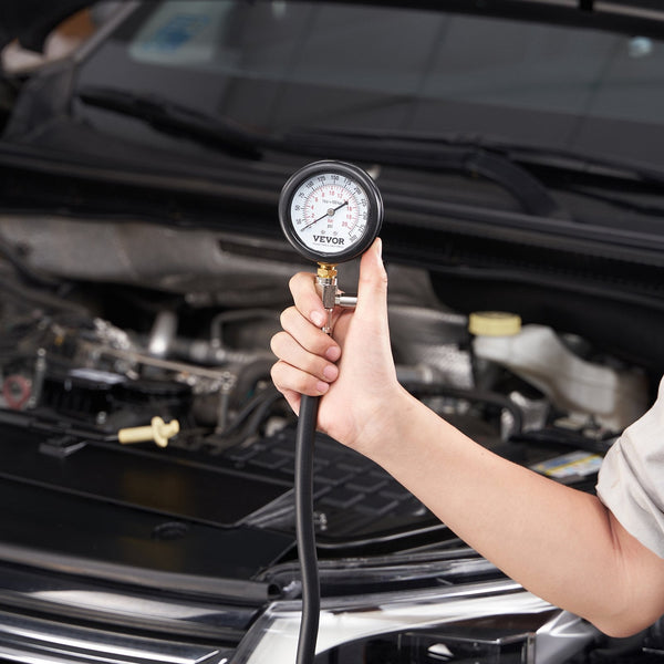 Vevor Compression Tester Adapter Kit 9 Pcs Automotive Engine Cylinder Leak Down Accurate Dual Scale Pressure Gauge 0 300 Psi With Long Reach Hoses And