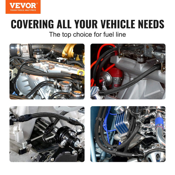 Vevor 8An Fuel Line Kit 6.1 M Hose 1.0 Cm Nylon Stainless Steel Braided Oil/Gas/Diesel End Fitting With 12 Pcs Swivel Adapter Black Fuel Pumps