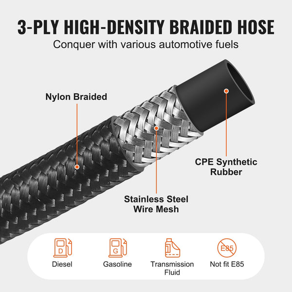 Vevor 8An Fuel Line Kit 6.1 M Hose 1.0 Cm Nylon Stainless Steel Braided Oil/Gas/Diesel End Fitting With 12 Pcs Swivel Adapter Black Fuel Pumps