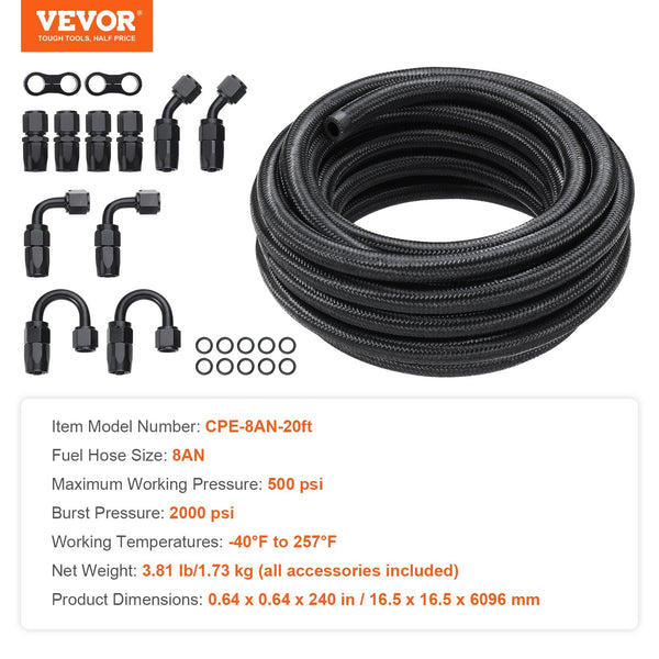 Vevor 8An Fuel Line Kit 6.1 M Hose 1.0 Cm Nylon Stainless Steel Braided Oil/Gas/Diesel End Fitting With 12 Pcs Swivel Adapter Black Fuel Pumps