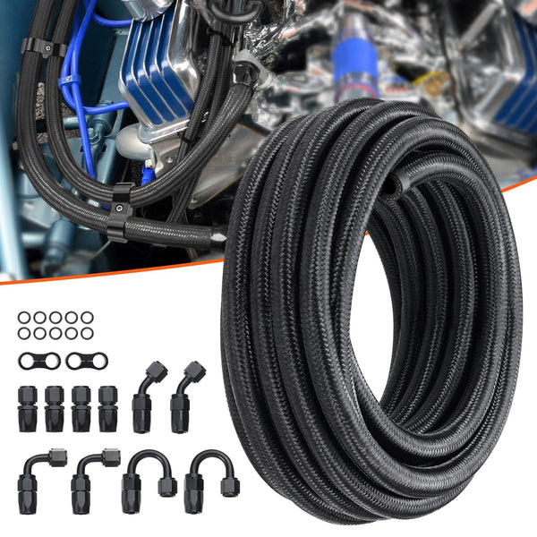 Vevor 8An Fuel Line Kit 6.1 M Hose 1.0 Cm Nylon Stainless Steel Braided Oil/Gas/Diesel End Fitting With 12 Pcs Swivel Adapter Black Fuel Pumps