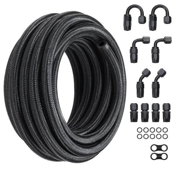 Vevor 8An Fuel Line Kit 6.1 M Hose 1.0 Cm Nylon Stainless Steel Braided Oil/Gas/Diesel End Fitting With 12 Pcs Swivel Adapter Black Fuel Pumps