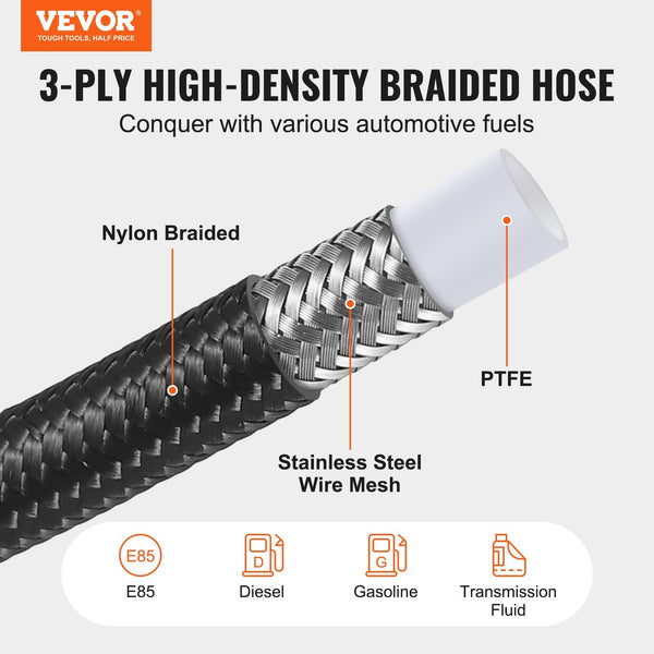 Vevor 6An Fuel Line Kit, 7.62 M Fuel Hose Kit, Nylon Stainless Steel Braided Ptfe Fuel Line Kit, E85/Oil/Gas/Diesel Hose End Fitting Kit, With 15 Pcs