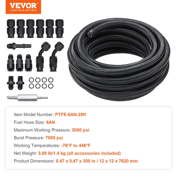 Vevor 6An Fuel Line Kit, 7.62 M Fuel Hose Kit, Nylon Stainless Steel Braided Ptfe Fuel Line Kit, E85/Oil/Gas/Diesel Hose End Fitting Kit, With 15 Pcs