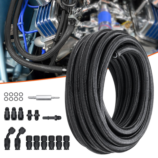 Vevor 6An Fuel Line Kit, 7.62 M Fuel Hose Kit, Nylon Stainless Steel Braided Ptfe Fuel Line Kit, E85/Oil/Gas/Diesel Hose End Fitting Kit, With 15 Pcs
