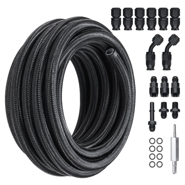 Vevor 6An Fuel Line Kit, 7.62 M Fuel Hose Kit, Nylon Stainless Steel Braided Ptfe Fuel Line Kit, E85/Oil/Gas/Diesel Hose End Fitting Kit, With 15 Pcs