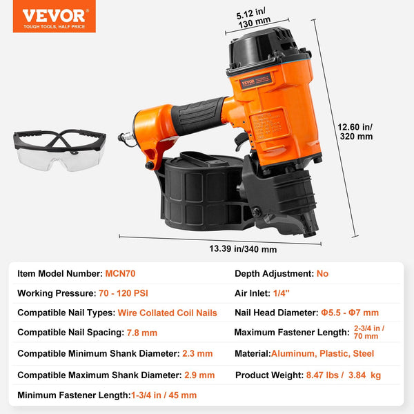 Vevor Mcn70 Coil Siding Nailer 45Mm To 70Mm 15 Degree Pneumatic Gun Nail & Staple Guns