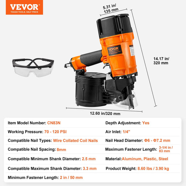 Vevor Cn83n Coil Siding Nailer 50Mm To 83Mm 15 Degree Pneumatic Gun Nail & Staple Guns
