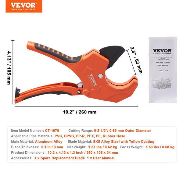 Vevor Pvc Pipe Cutter 0 2 1/2" O.D. Ratcheting Heavy Duty Tube Cutting Tool With Spare Sk5 Blade For Cpvc Pp Pex Rubber Hoses Other Pipe Tools
