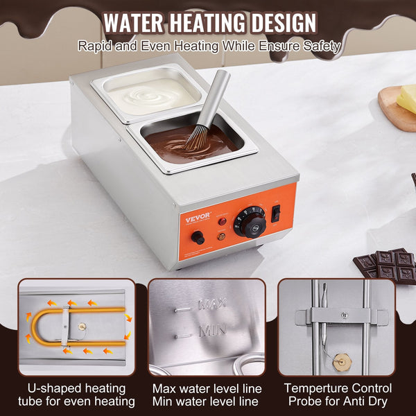 Vevor Chocolate Tempering Machine 2 Tanks Melting Pot With Control 800W Stainless Steel Electric Commercial Food Warmer For Chocolate/Milk/Cream And H