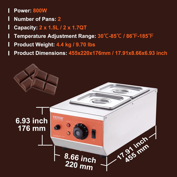 Vevor Chocolate Tempering Machine 2 Tanks Melting Pot With Control 800W Stainless Steel Electric Commercial Food Warmer For Chocolate/Milk/Cream And H