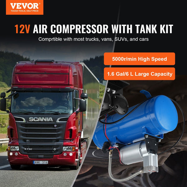 12V Air Compressor With Tank 1.6 Gallon/6 L Train Horn 120 Psi Working Pressure Onboard System For Horns Inflating Tires Mattresses Air Compressors