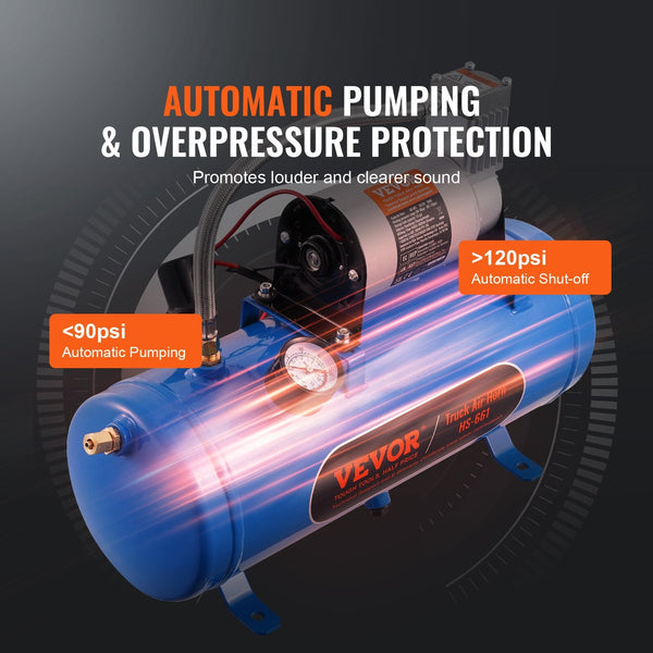 12V Air Compressor With Tank 1.6 Gallon/6 L Train Horn 120 Psi Working Pressure Onboard System For Horns Inflating Tires Mattresses Air Compressors