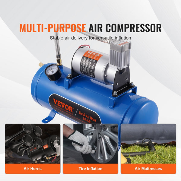 12V Air Compressor With Tank 1.6 Gallon/6 L Train Horn 120 Psi Working Pressure Onboard System For Horns Inflating Tires Mattresses Air Compressors