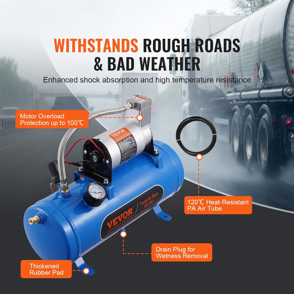 12V Air Compressor With Tank 1.6 Gallon/6 L Train Horn 120 Psi Working Pressure Onboard System For Horns Inflating Tires Mattresses Air Compressors