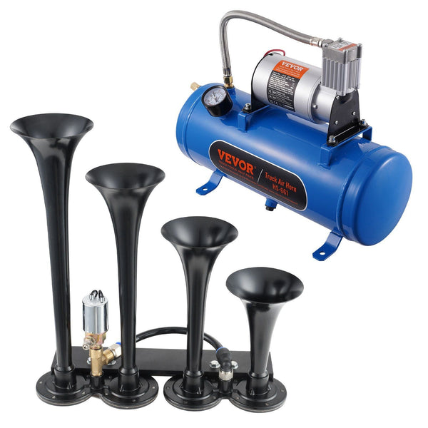 Train Horns Kit 4 Trumpet Air 150Db For Pickup Trucks 12V 120 Psi Compressor 1.6 Gal/6 L Tank With Gauge Any Vehicle Car Van Boat Steering Wheels & Ho