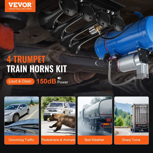 Train Horns Kit 4 Trumpet Air 150Db For Pickup Trucks 12V 120 Psi Compressor 1.6 Gal/6 L Tank With Gauge Any Vehicle Car Van Boat Steering Wheels & Ho