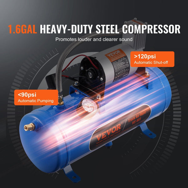 Train Horns Kit 4 Trumpet Air 150Db For Pickup Trucks 12V 120 Psi Compressor 1.6 Gal/6 L Tank With Gauge Any Vehicle Car Van Boat Steering Wheels & Ho