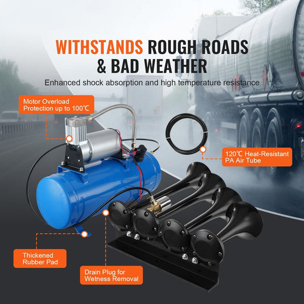 Train Horns Kit 4 Trumpet Air 150Db For Pickup Trucks 12V 120 Psi Compressor 1.6 Gal/6 L Tank With Gauge Any Vehicle Car Van Boat Steering Wheels & Ho