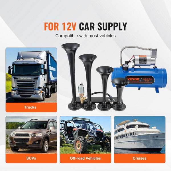 Train Horns Kit 4 Trumpet Air 150Db For Pickup Trucks 12V 120 Psi Compressor 1.6 Gal/6 L Tank With Gauge Any Vehicle Car Van Boat Steering Wheels & Ho