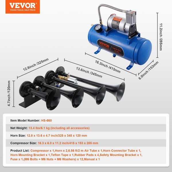 Train Horns Kit 4 Trumpet Air 150Db For Pickup Trucks 12V 120 Psi Compressor 1.6 Gal/6 L Tank With Gauge Any Vehicle Car Van Boat Steering Wheels & Ho