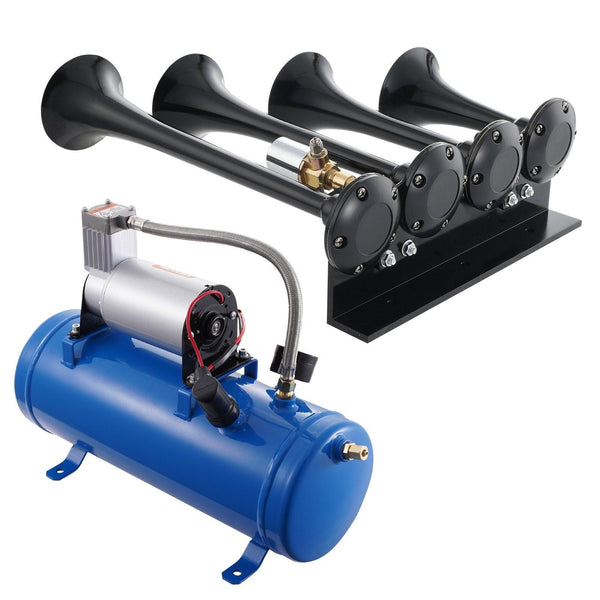 Train Horns Kit 4 Trumpet Air 150Db For Pickup Trucks 12V 120 Psi Compressor 1.6 Gal/6 L Tank With Gauge Any Vehicle Car Van Boat Steering Wheels & Ho