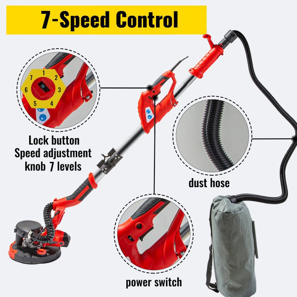 Vevor Drywall Sander 750W Electric Variable Speed 8001750Rpm Foldable Sheetrock With Telescopic Handle Vacuum Bag 6 Pads Drywall Tools