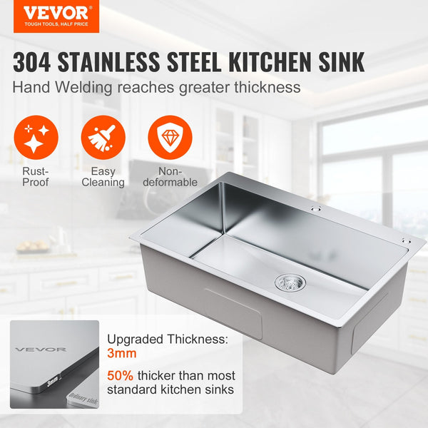 Vevor Kitchen Sink 304 Stainless Steel Drop In Sinks Top Mount Single Bowl Basin With Accessories(Pack Of 3) Household Dishwasher For Workstation Rv P