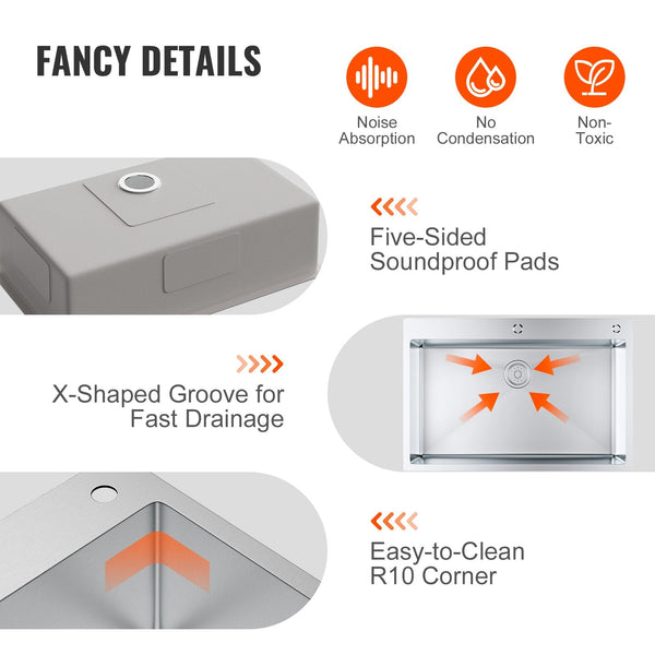 Vevor Kitchen Sink 304 Stainless Steel Drop In Sinks Top Mount Single Bowl Basin With Accessories(Pack Of 3) Household Dishwasher For Workstation Rv P