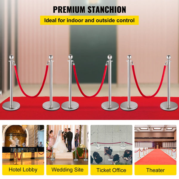 Vevor 6Pcs Red Rope Stanchion Silver Post Crowd Control Queue Line Barrier Safety Cones Posts Barriers