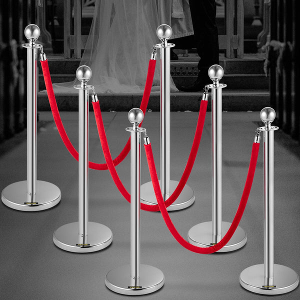 Vevor 6Pcs Red Rope Stanchion Silver Post Crowd Control Queue Line Barrier Safety Cones Posts Barriers