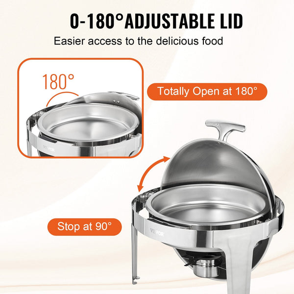 Vevor Roll Top Chafing Dish Buffet Set 5.5L 2 Pack Stainless Steel Chafer With Full Size Pans Round Catering Warmer Server Lid Water Stand Fuel Holder
