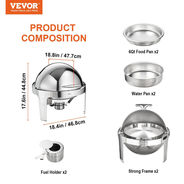 Vevor Roll Top Chafing Dish Buffet Set 5.5L 2 Pack Stainless Steel Chafer With Full Size Pans Round Catering Warmer Server Lid Water Stand Fuel Holder