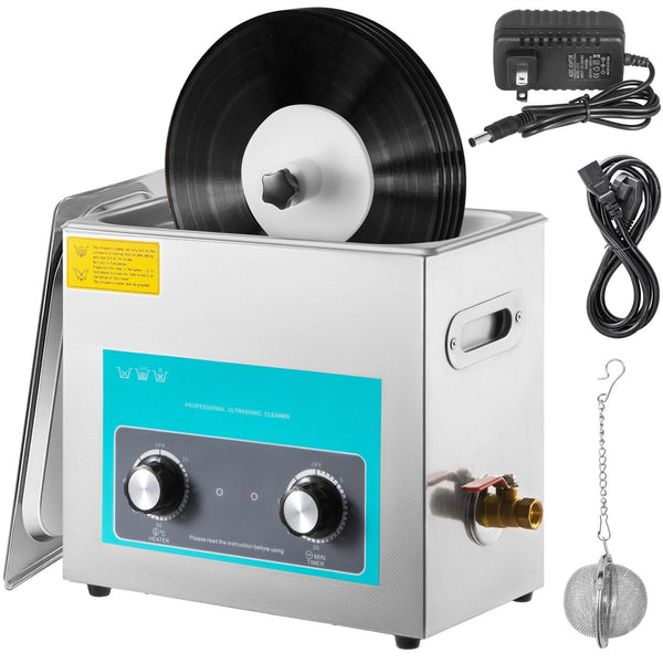 Ultrasonic Vinyl Record Cleaner 6L 40Khz Cleaning Machine Knob Control 8 Records Sonic Stainless Steel Tank With Mechanical Heater & Time Woodwind Acc
