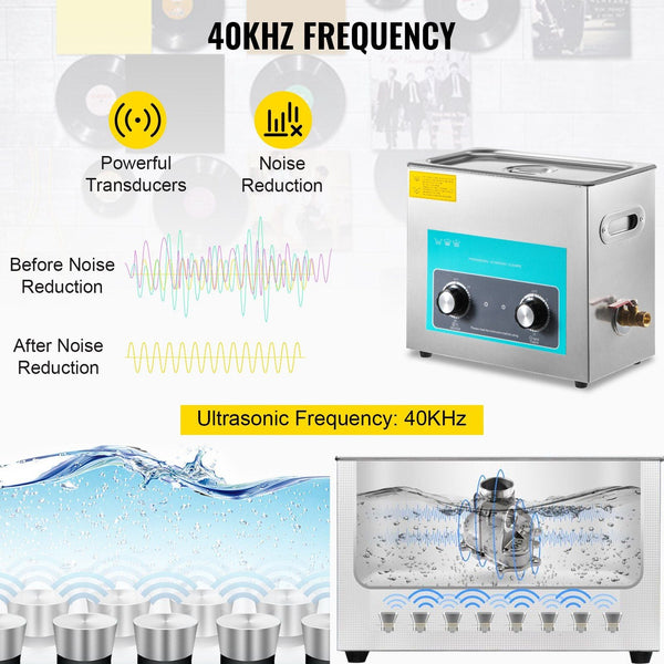 Ultrasonic Vinyl Record Cleaner 6L 40Khz Cleaning Machine Knob Control 8 Records Sonic Stainless Steel Tank With Mechanical Heater & Time Woodwind Acc