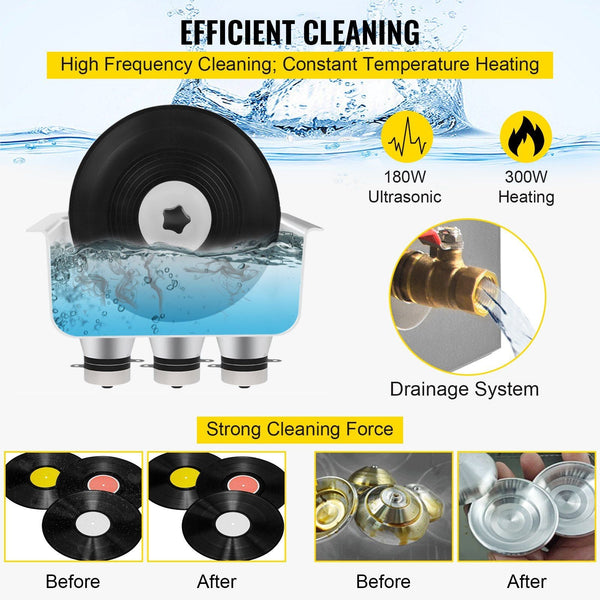 Ultrasonic Vinyl Record Cleaner 6L 40Khz Cleaning Machine Knob Control 8 Records Sonic Stainless Steel Tank With Mechanical Heater & Time Woodwind Acc