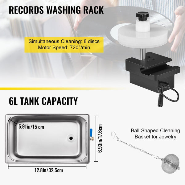 Ultrasonic Vinyl Record Cleaner 6L 40Khz Cleaning Machine Knob Control 8 Records Sonic Stainless Steel Tank With Mechanical Heater & Time Woodwind Acc